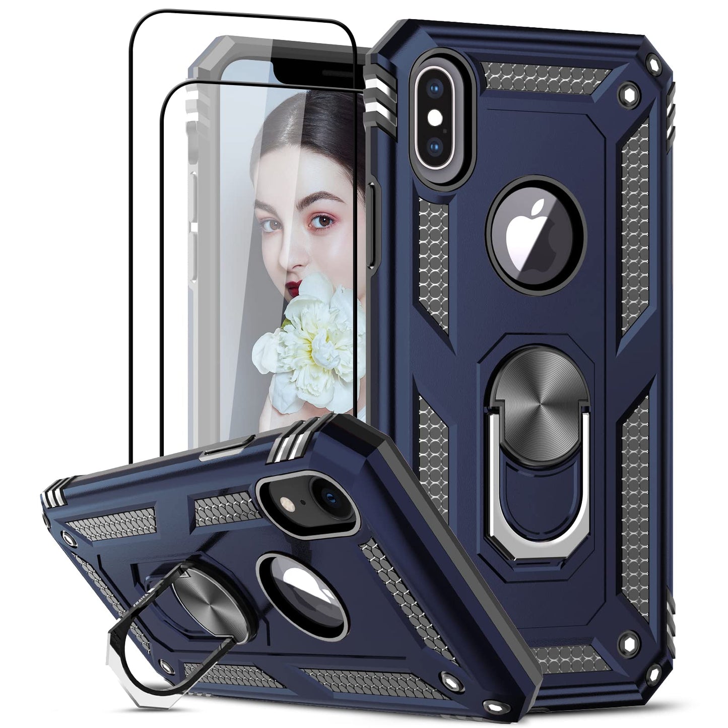 LeYi for iPhone X Case/iPhone XS Case and 2 Tempered Glass Screen Protector,Ring Holder Military Grade Protective Shockproof Tough Silicone Hard Phone Cover for iPhone X/XS 5.8'' Black