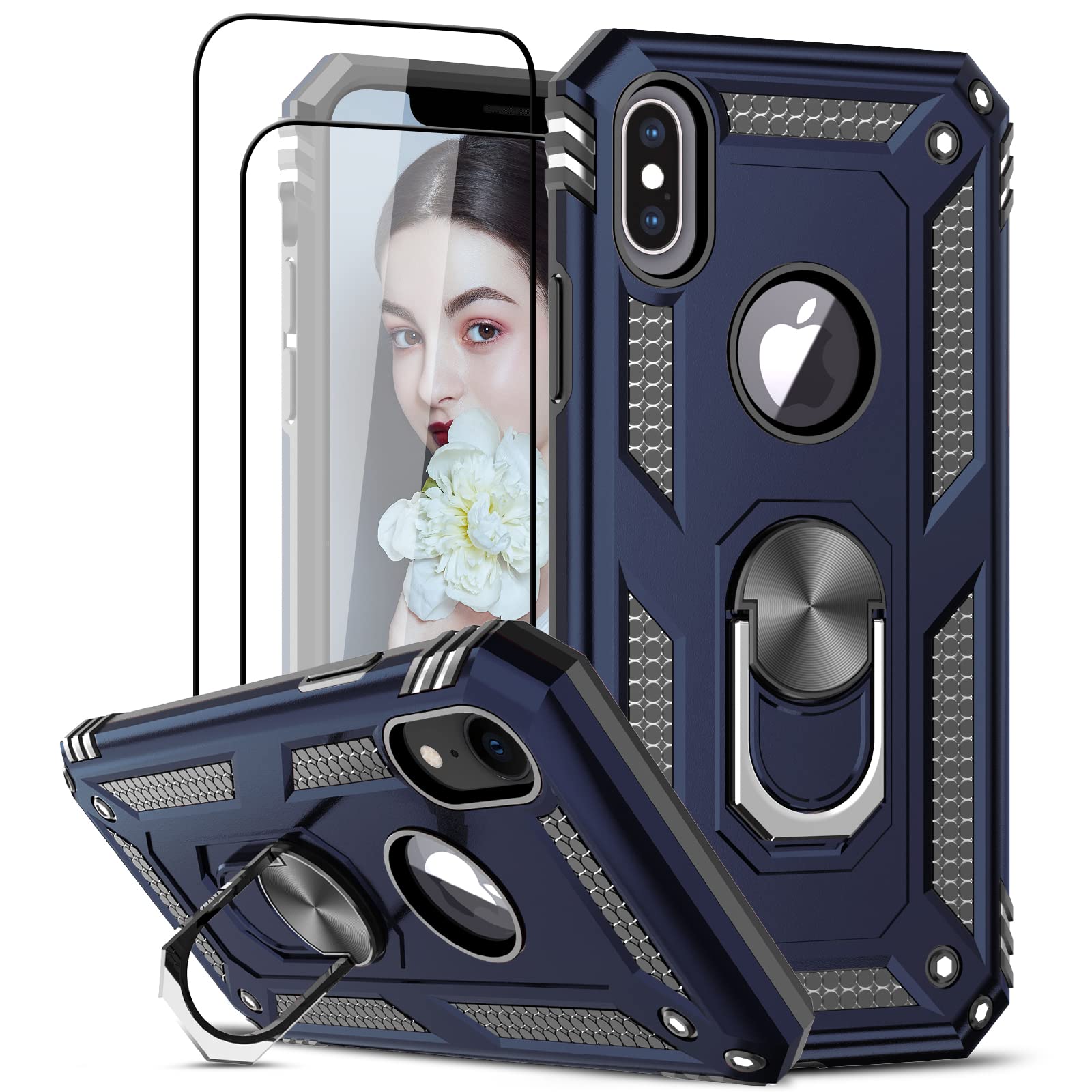 LeYi for iPhone X Case/iPhone XS Case and 2 Tempered Glass Screen Protector,Ring Holder Military Grade Protective Shockproof Tough Silicone Hard Phone Cover for iPhone X/XS 5.8'' Black