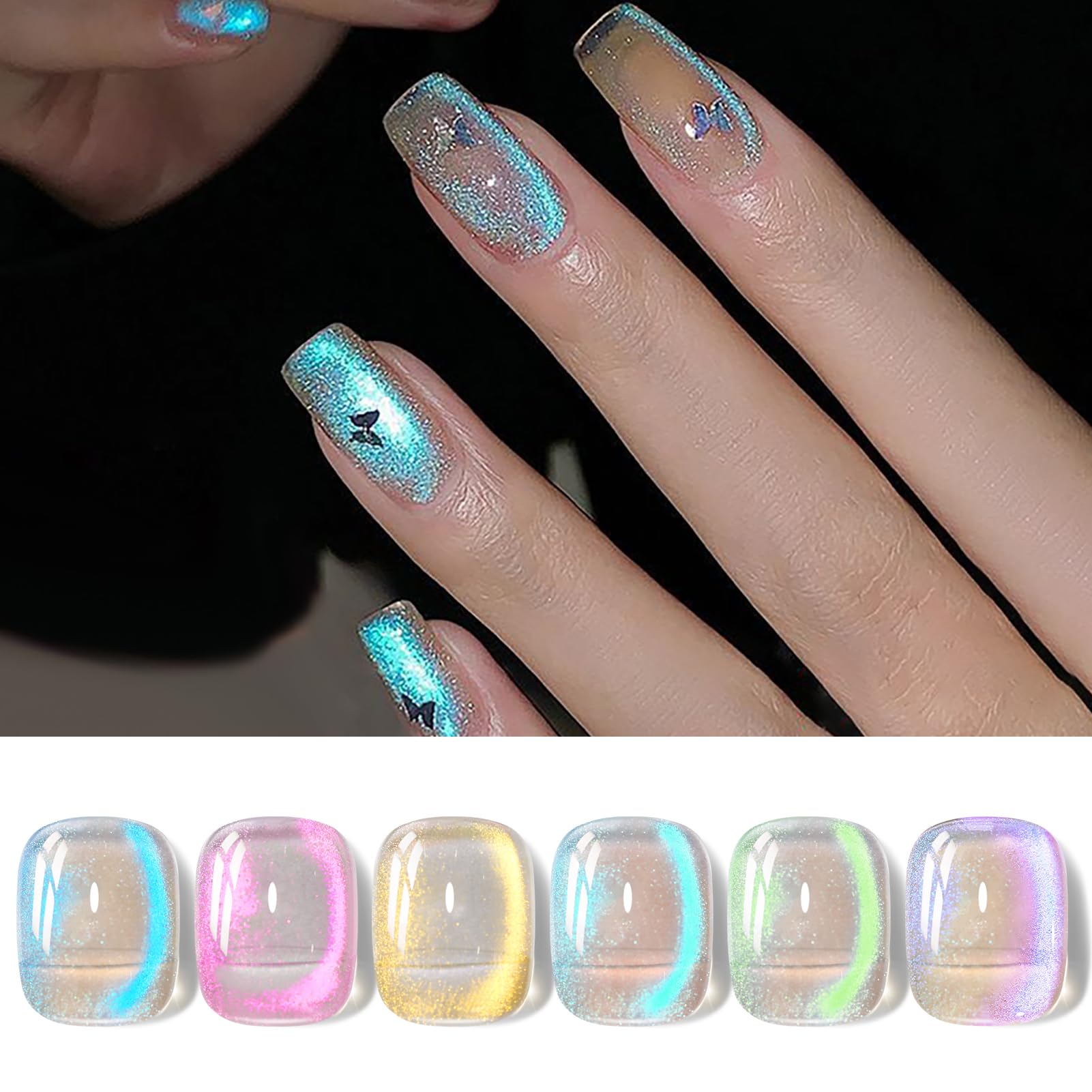 BORN PRETTY 6 Colors Jelly Nude Pink Cat Magnetic Eye Gel Polish Set with Magnet, Soak-Off U V/LED Iridescent Cat Gel for Nail Art Salon DIY Home