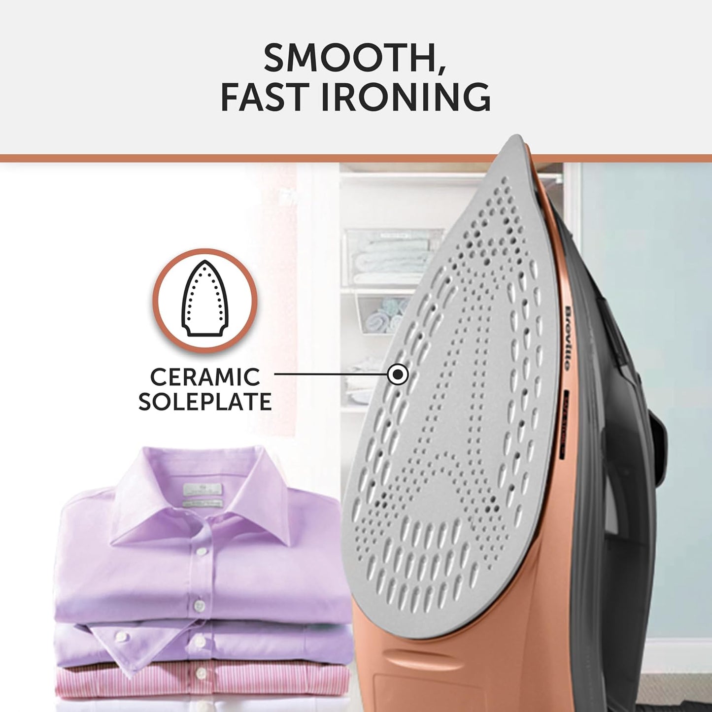 Breville SuperSteam Steam Iron | 2600 W | 190g/min Steam Shot | Smooth Ceramic Soleplate | 300 ml Water Tank | 2m Cord with 360° Action | Black & Copper | VIN442