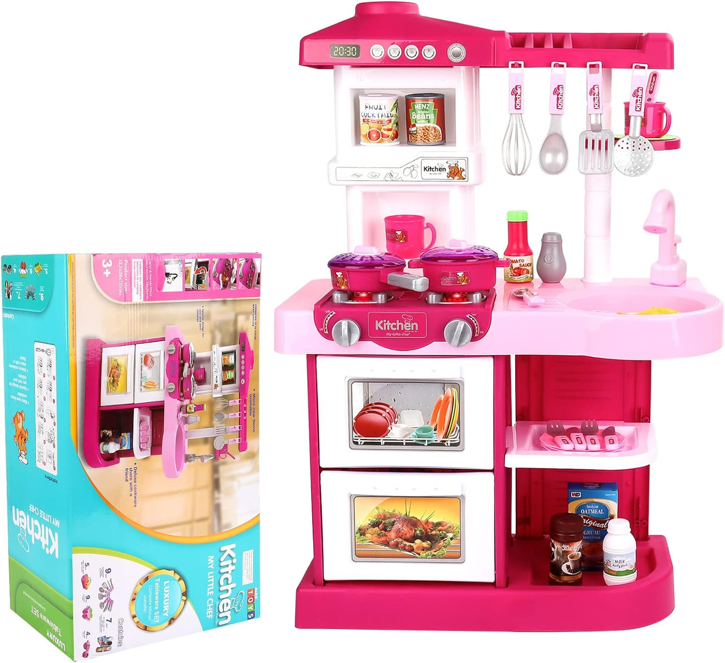 deAO My Little Chef Kitchen Play Set with 30 Accessories for Children, Features Light and Sound for Children (Pink)