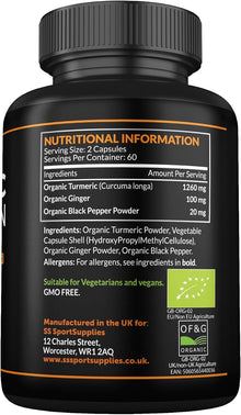 Organic Turmeric Capsules High Strength and Black Pepper with Active Curcumin with Ginger 1380mg - Advanced Tumeric - Each 120 Veg Capsule is Organic (2 Capsules per Serving)