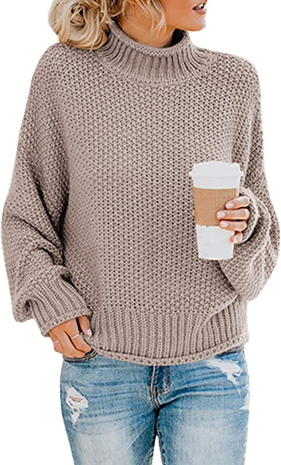 Women's Turtleneck Jumpers Casual Batwing Sweaters Long Sleeve Pullover Loose Chunky Knitted Jumper Tops