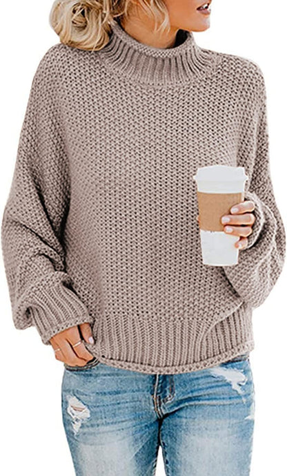 Women's Turtleneck Jumpers Casual Batwing Sweaters Long Sleeve Pullover Loose Chunky Knitted Jumper Tops