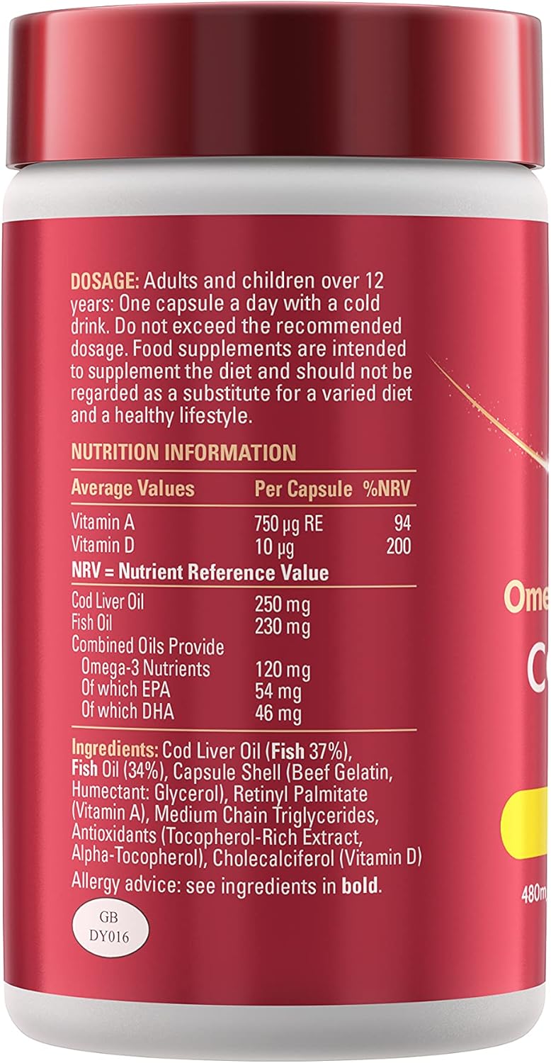 Seven Seas Cod Liver Oil Tablets With Omega-3, Fish Oil, One A Day, 4 Months Supply (120 Capsules), EPA & DHA, With High Strength Vitamin D & A