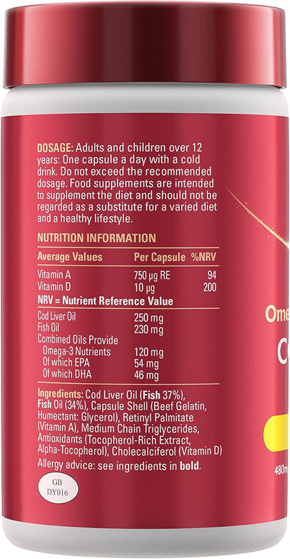 Seven Seas Cod Liver Oil Tablets With Omega-3, Fish Oil, One A Day, 4 Months Supply (120 Capsules), EPA & DHA, With High Strength Vitamin D & A