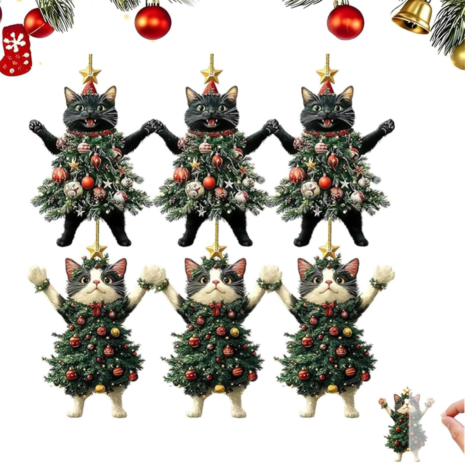 Black of Friday Cat Christmas Ornament, Xmas Tree Decorations 2D Acrylic Hanging Ornaments, Cute Black White Cats Hanging Ornaments, Wearing Christmas Trees Dress Cat Ornament (Mix*2pcs)