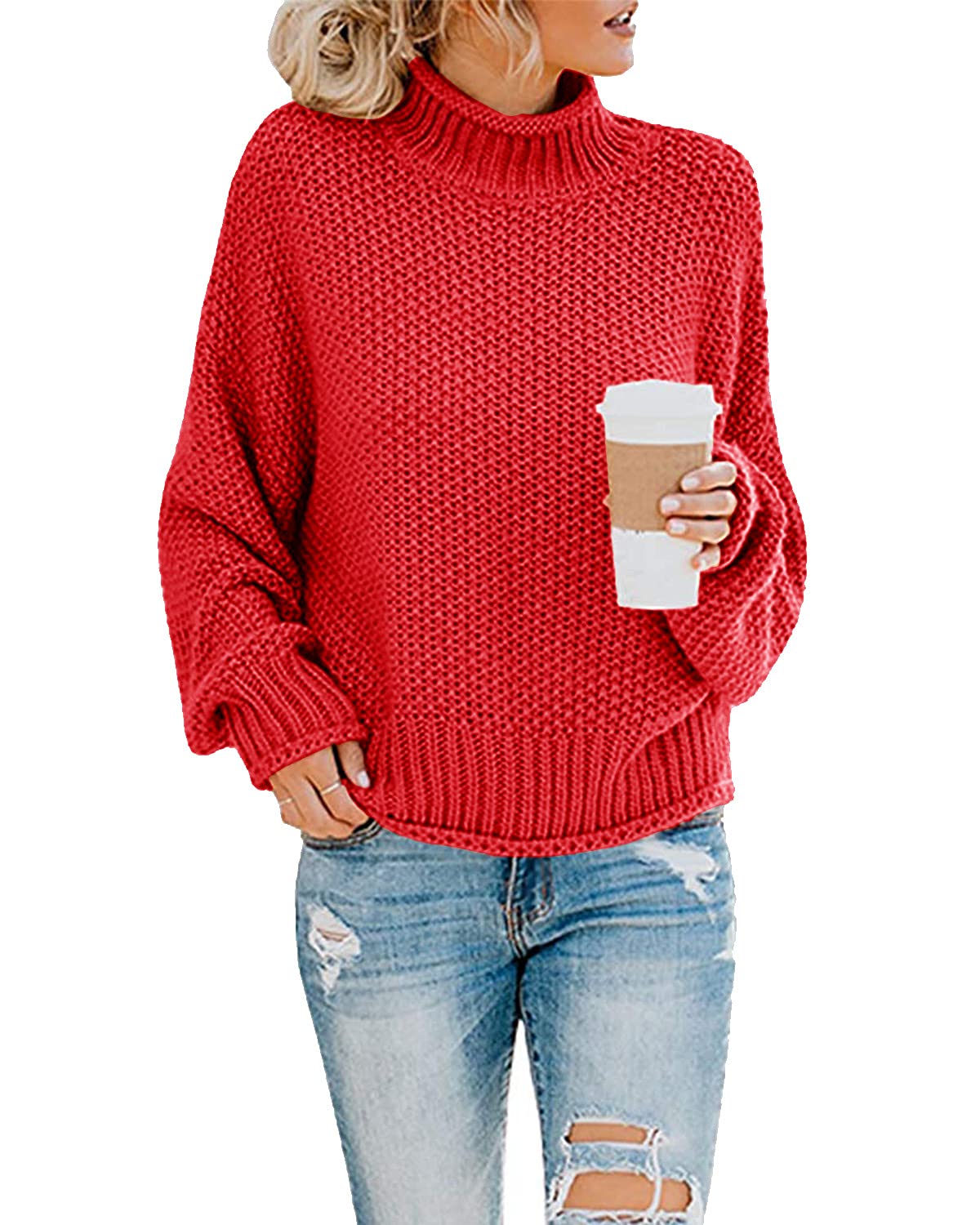 Women's Turtleneck Jumpers Casual Batwing Sweaters Long Sleeve Pullover Loose Chunky Knitted Jumper Tops
