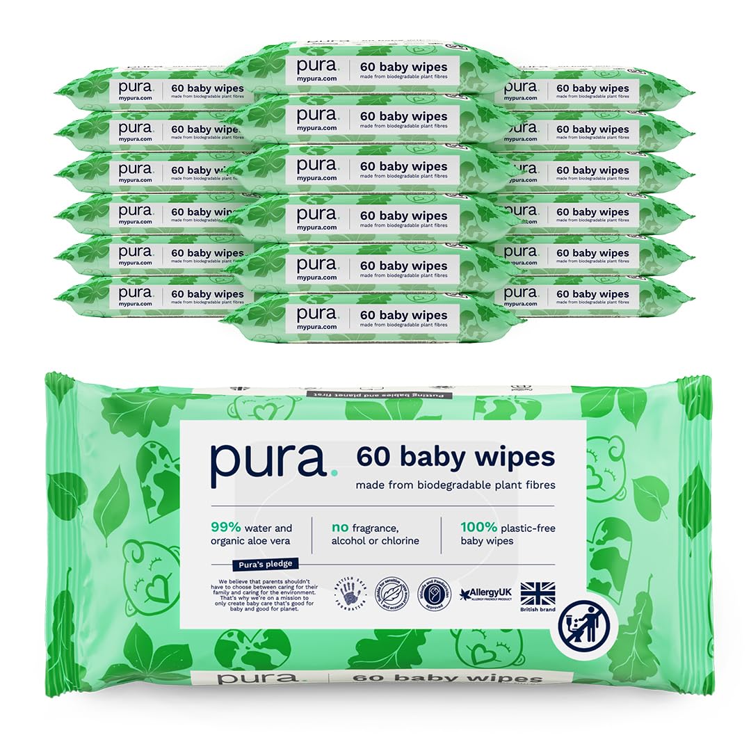Pura Eco Flushable Baby Wipes - 1 Pack (60 Wipes) 100% Plastic Free, 99% Water, Suitable for Sensitive, Eczema Prone Skin, Newborn Baby & Toddlers, Biodegradable, Vegan, Potty Training