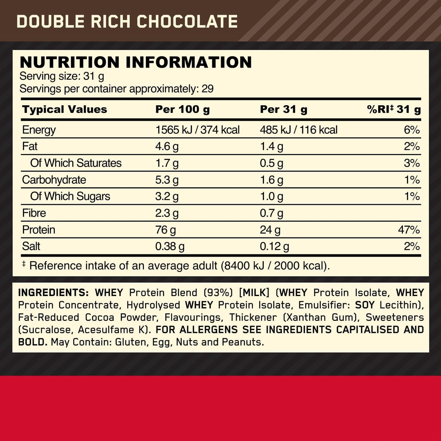 Optimum Nutrition Gold Standard Whey Protein, Muscle Building Powder with Naturally Occurring Glutamine and Amino Acids, Double Rich Chocolate, 29 Servings, 899 g, Packaging May Vary