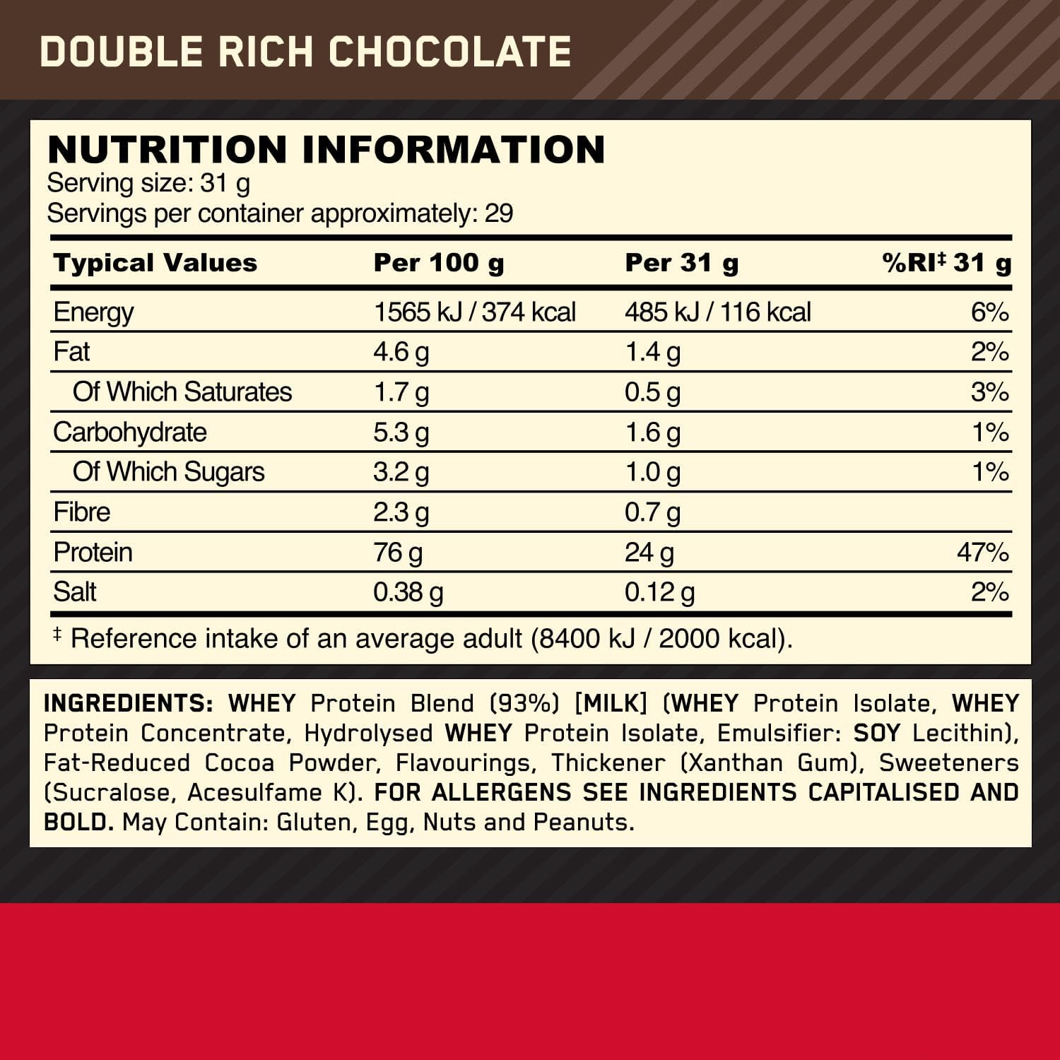 Optimum Nutrition Gold Standard Whey Protein, Muscle Building Powder with Naturally Occurring Glutamine and Amino Acids, Double Rich Chocolate, 29 Servings, 899 g, Packaging May Vary