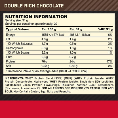Optimum Nutrition Gold Standard Whey Protein, Muscle Building Powder with Naturally Occurring Glutamine and Amino Acids, Double Rich Chocolate, 29 Servings, 899 g, Packaging May Vary