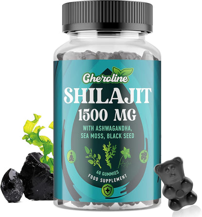 Shilajit Sea Moss and Ashwagandha Gummies 1500mg Per Serving, Enriched with 60% Fulvic Acid & 85+ Trace Minerals, High Strength Complex for Energy, More Convenient Than Resin (60 Count (Pack of 1))