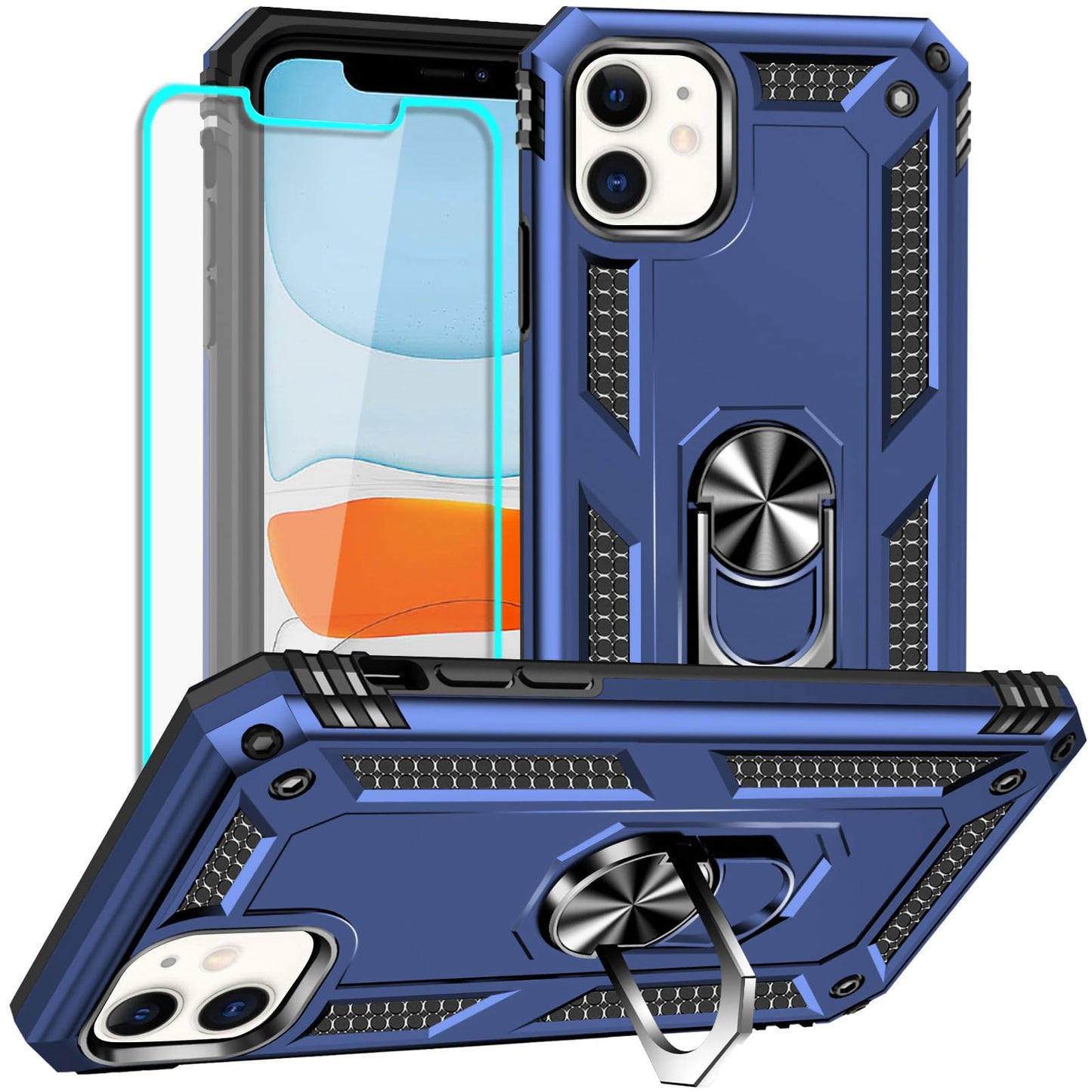 Yiakeng iPhone 11 Phone Case, iPhone 11 Case With Screen Protector, Silicone Shockproof Military Grade Protective Phone Cover with Ring Kickstand for iPhone 11 (Black)