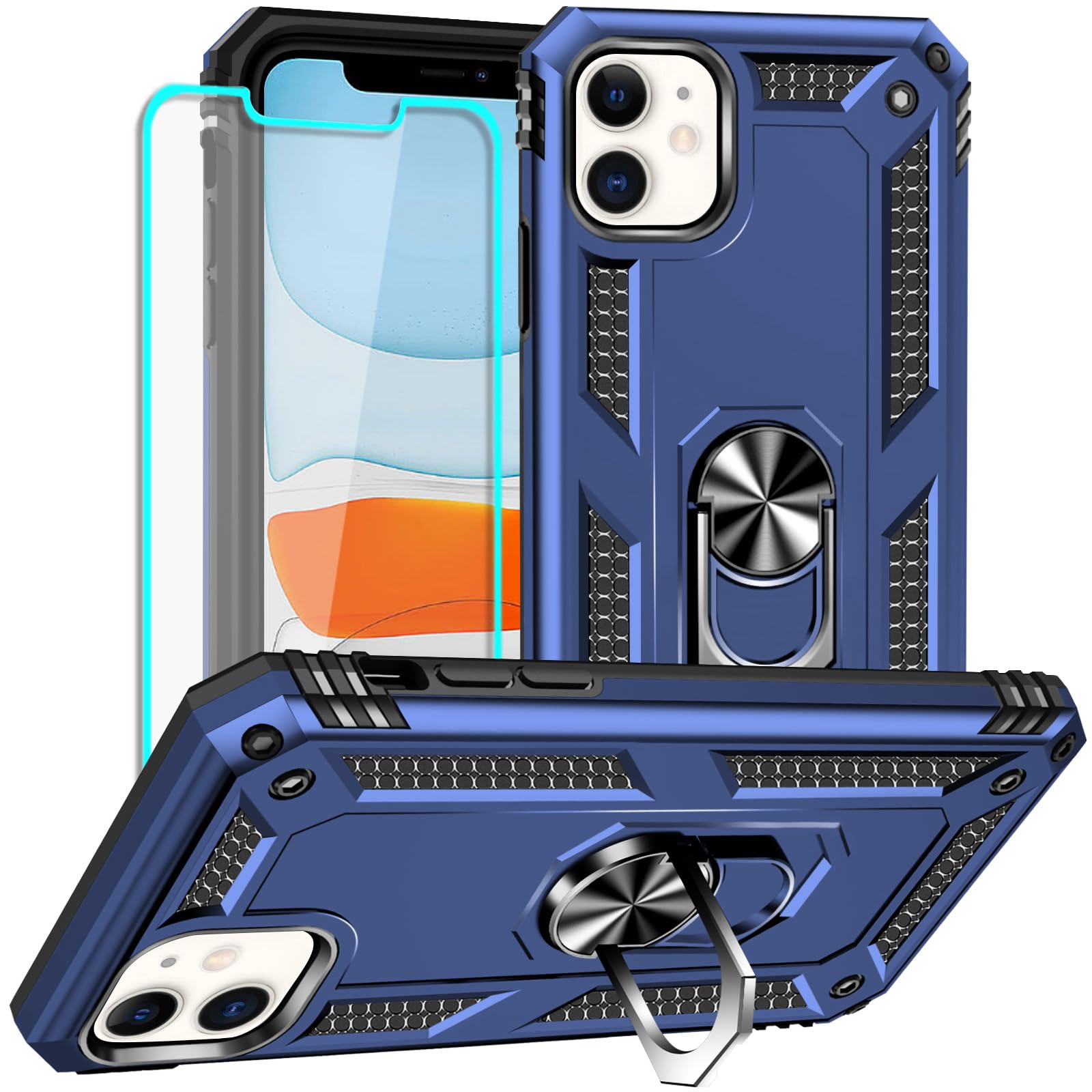 Yiakeng iPhone 11 Phone Case, iPhone 11 Case With Screen Protector, Silicone Shockproof Military Grade Protective Phone Cover with Ring Kickstand for iPhone 11 (Black)