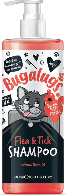 Flea and Tick Cat Shampoo by Bugalugs 500ml, Deep Cleansing for Cats for Fleas, Ticks & Mites contains Neem Oil, PH Balanced Vegan (500ml Flea Shampoo)