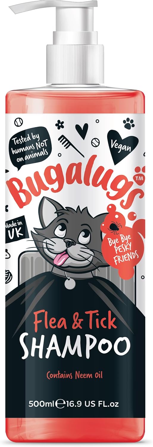 Flea and Tick Cat Shampoo by Bugalugs 500ml, Deep Cleansing for Cats for Fleas, Ticks & Mites contains Neem Oil, PH Balanced Vegan (500ml Flea Shampoo)