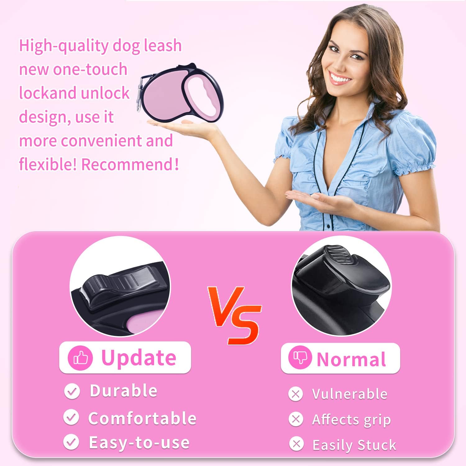Retractable Dog Lead, ANCOOLE 5M/16FT Extendable Dog Lead 360°Tangle-Free Smooth&Durable Nylon Tape with Anti-Slip Handle, One-Handed Brake for Small Medium Dogs (Pink)