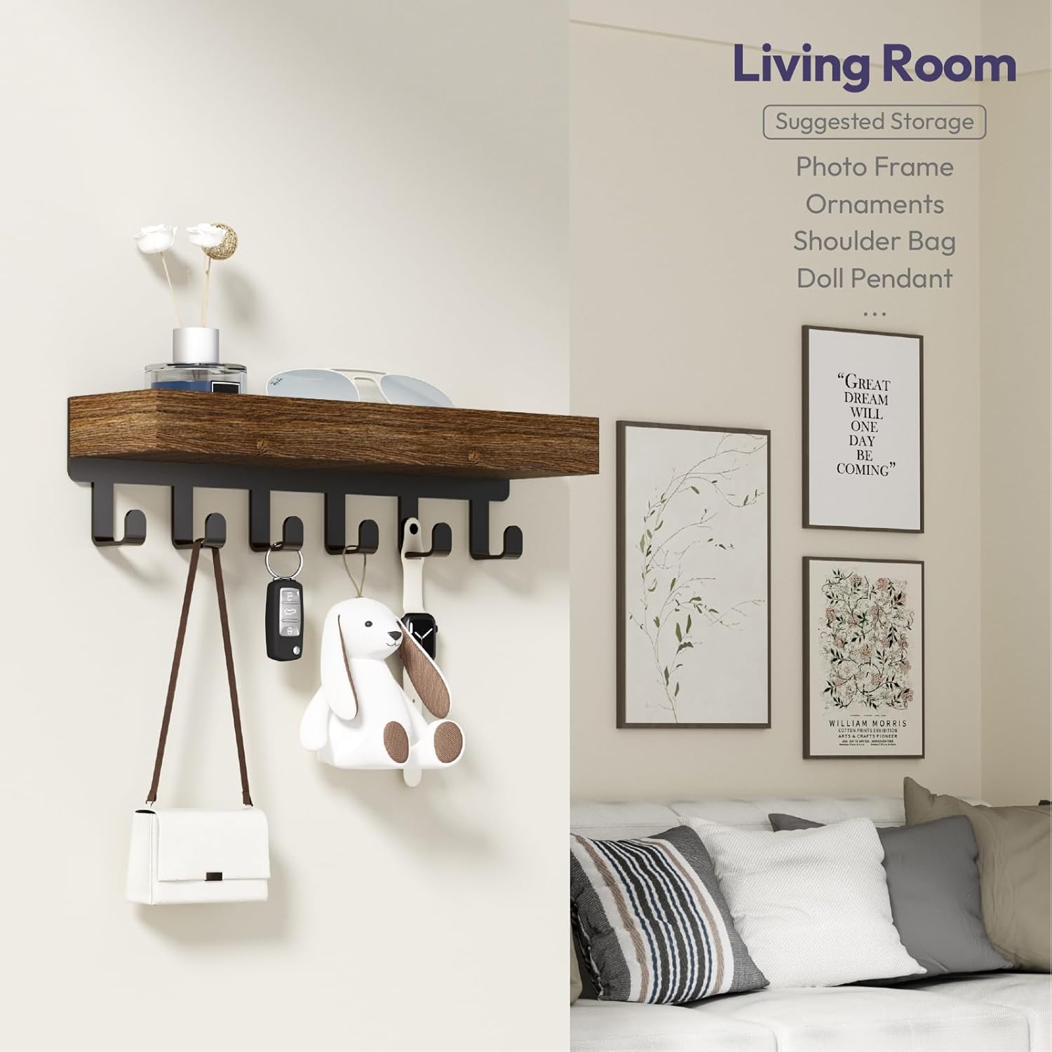 SWTYMIKI Key Holder with Wood Tray and 6 Hooks, Wall Mounted Key Racks, Key Hangers Home Decor Key Rack Mail Organizer for Hallway, Entryway, Bedroom, Mudroom, Office