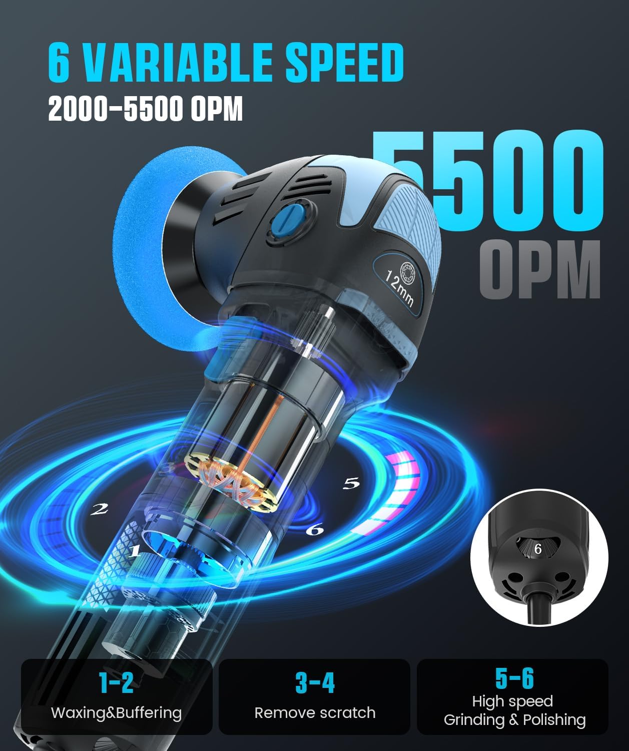 Mini Polisher, 2inch/ 3inch 750W Car Polishers and Buffers with 12mm Random Orbital-Improve Work Efficiency by 35%, 16pcs Trapezoidal Polisher Pads,16.4 ft Cord, DA Polisher for Car Polishing