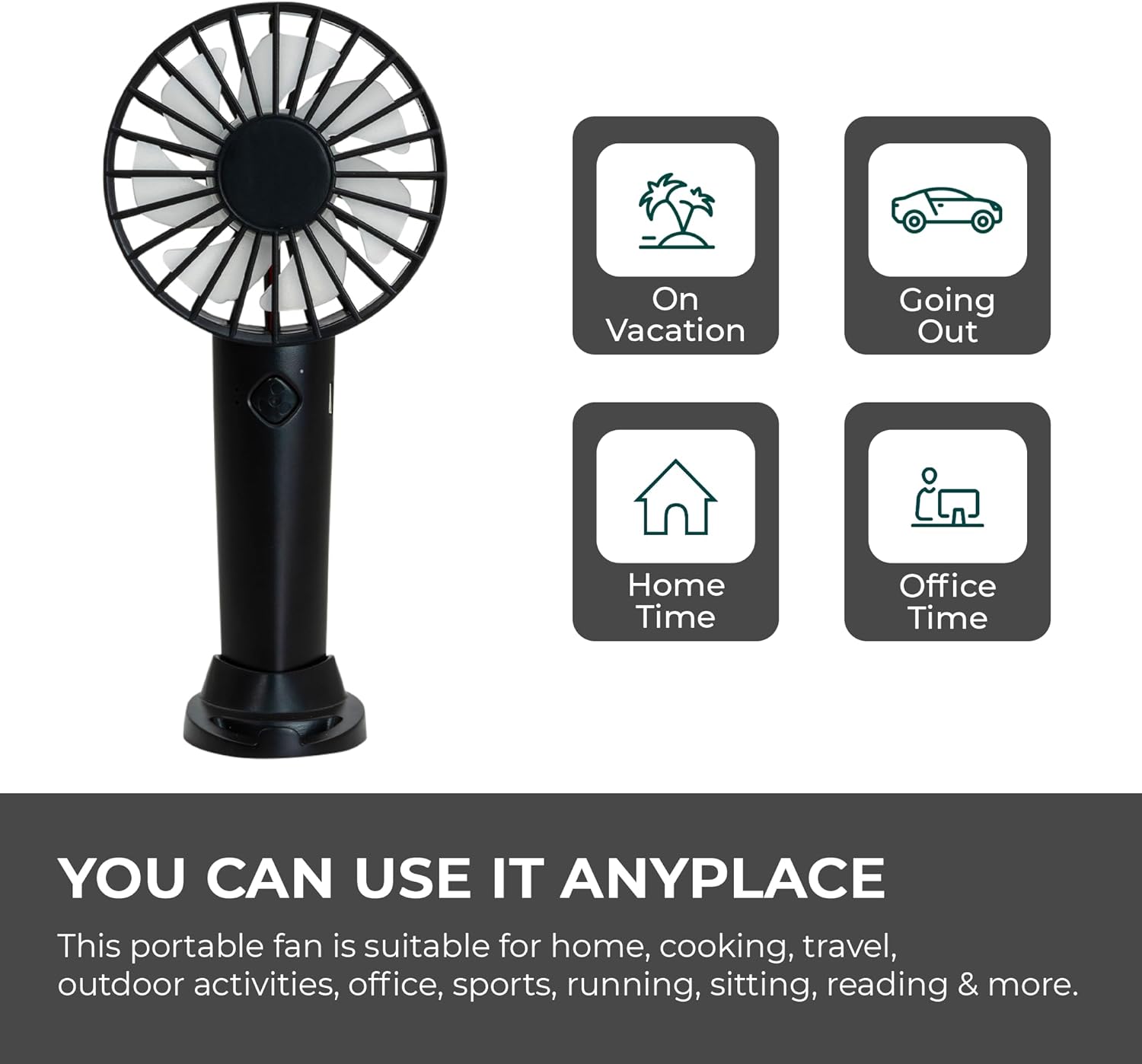 Handheld Fan, Hand Portable Fan with 3 Speeds | USB Rechargeable, Held Mini Handheld, Travel & Free Standing (Black)