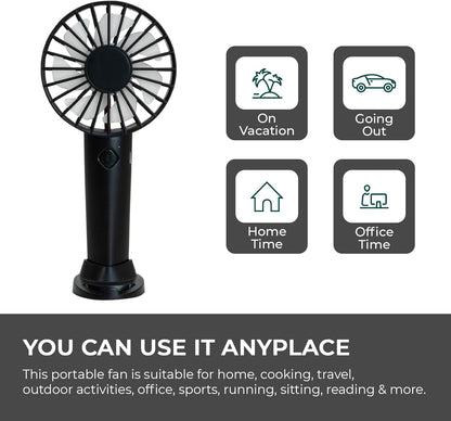 Handheld Fan, Hand Portable Fan with 3 Speeds | USB Rechargeable, Held Mini Handheld, Travel & Free Standing (Black)