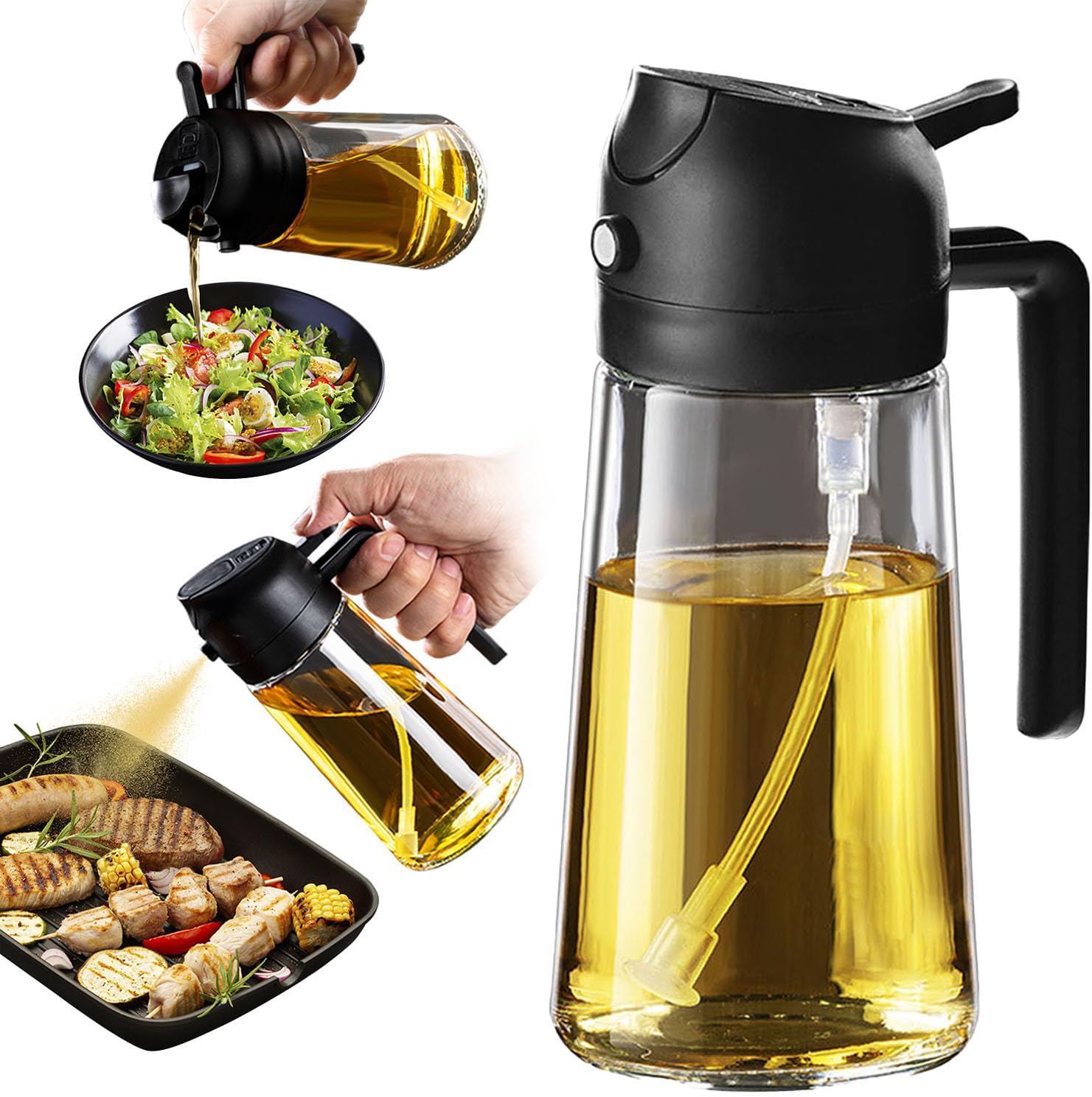 TrendPlain 16oz Olive Oil Spray Bottle - 2 in 1 Olive Oil Dispenser Bottle for Kitchen Accessories - Kitchen Gadgets, For Air Fryer (Black)