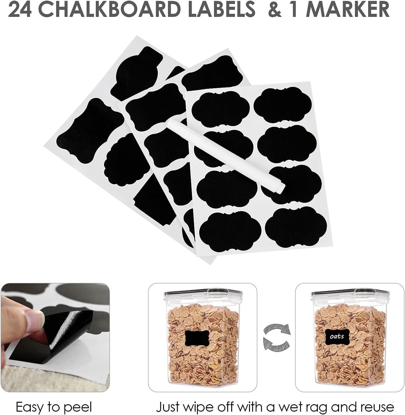 Vtopmart Set of 24 Airtight Food Storage Containers & Kitchen Storage Containers, BPA-Free Plastic Containers for Flour, Sugar and Baking Supplies, with 24 Labels (Black)