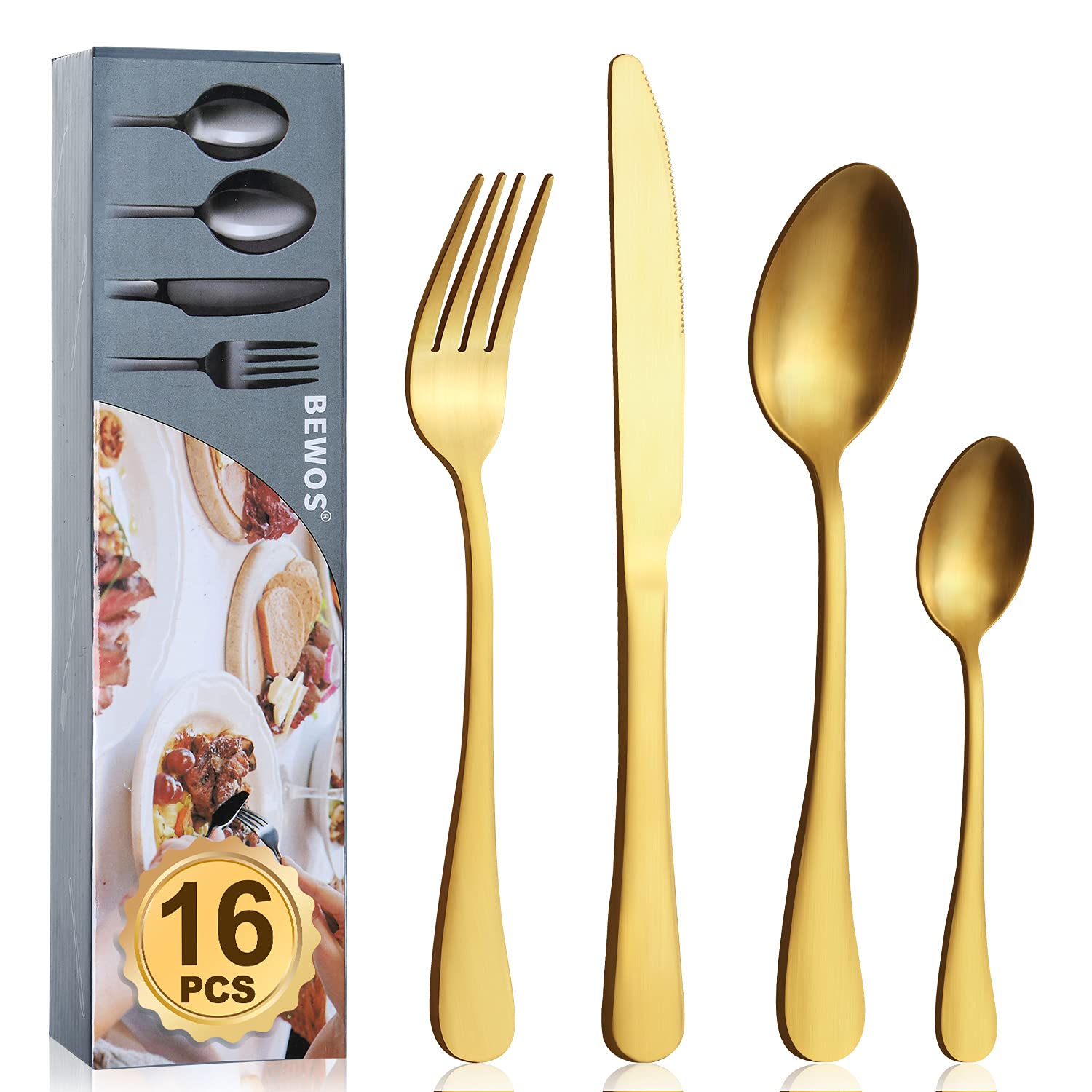 Cutlery Set, BEWOS 16-Piece Stainless Steel Flatware Set, Tableware Silverware Set with Rainbow Spoon Knife and Fork Set, Service for 4, Dishwasher Safe/Easy Clean, Mirror Polished
