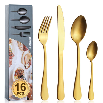 Cutlery Set, BEWOS 16-Piece Stainless Steel Flatware Set, Tableware Silverware Set with Rainbow Spoon Knife and Fork Set, Service for 4, Dishwasher Safe/Easy Clean, Mirror Polished