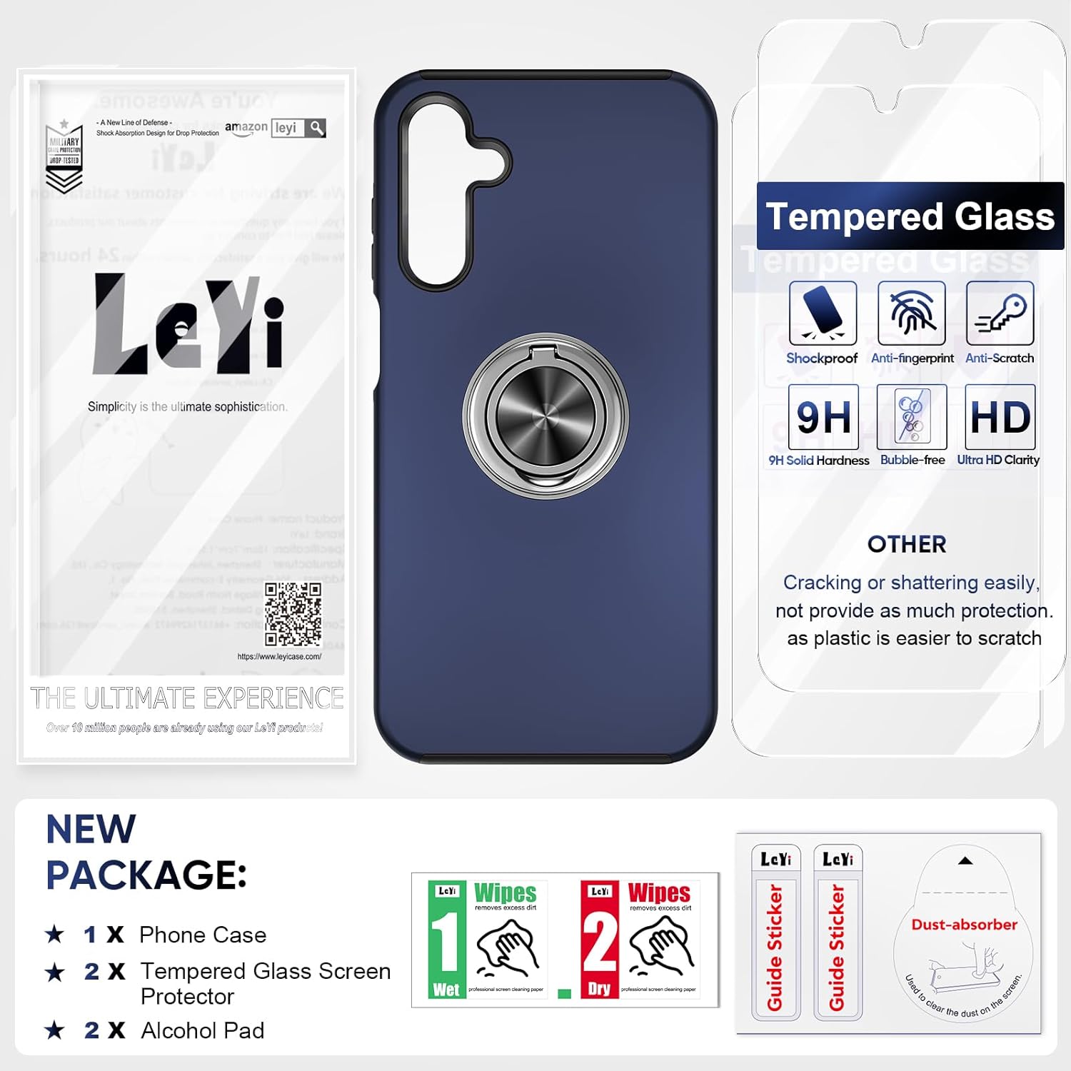 LeYi for Samsung Galaxy A15 4G/5G Case: and 2 Tempered Glass Screen Protector, with 360 Ring Holder Stand Magnetic Shockproof Heavy Duty Protective Phone Cover for A 15,Blue