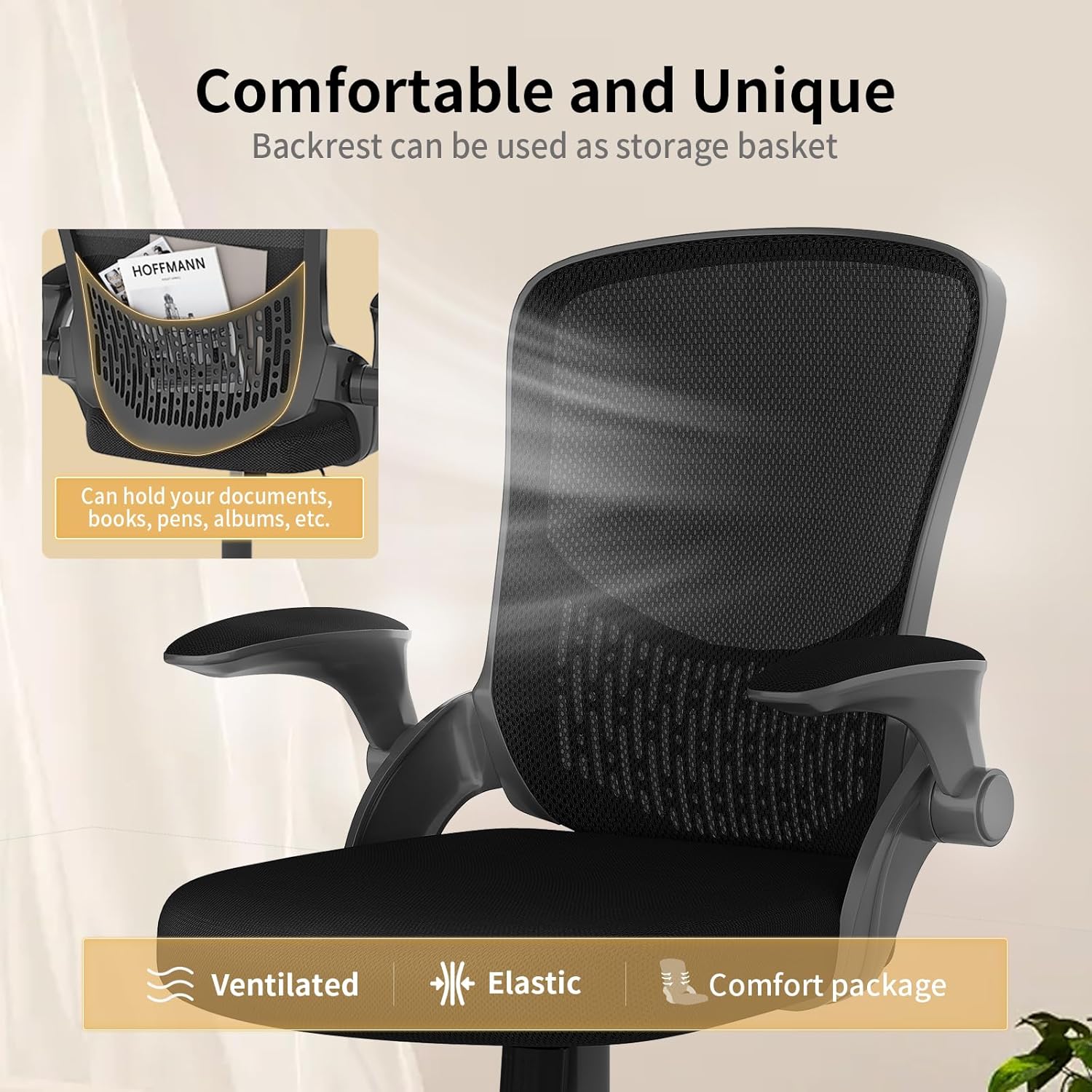 naspaluro Computer Desk Chair, Ergonomic Office Chair with 3D Lumbar Support, Flip-up Armrests Mesh Chair with Metal Claws, Mid-Back Home Office Chair-Black
