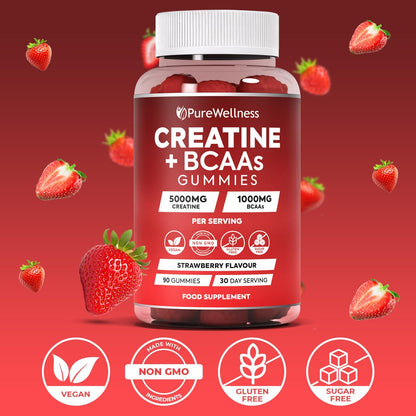 PureWellness Creatine and BCAA Gummies - 5000mg Creatine Monohydrate, 1000mg BCAAs per Serving - Chewable Vegan Sugar Free Gummies, Strawberry Flavour (1 Month Supply)