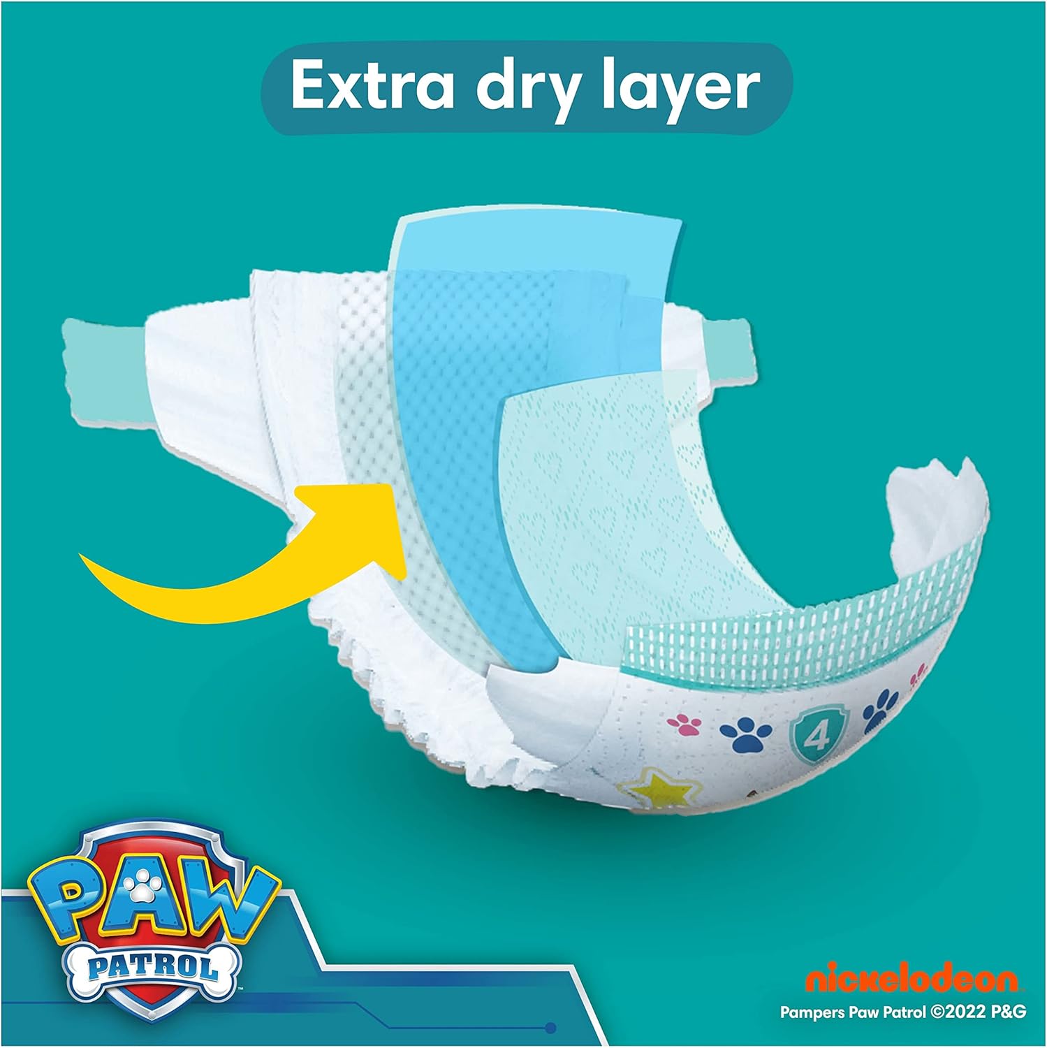 Pampers Baby-Dry Paw Patrol Edition Size 4, 222 Nappies, 9kg - 14kg, Monthly Pack, with A Stop & Protect Pocket to Help Prevent Leaks at The Back