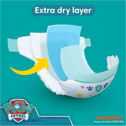 Pampers Baby-Dry Paw Patrol Edition Size 4, 222 Nappies, 9kg - 14kg, Monthly Pack, with A Stop & Protect Pocket to Help Prevent Leaks at The Back