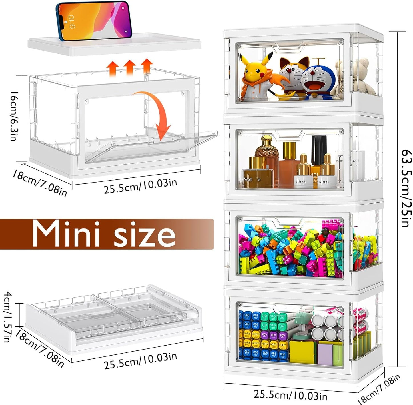 【Latest Model】 4 Pack Mini Stackable Storage Boxes with Lid Multifunctional & Foldable Storage Box for Crafts, Snacks, Stationery and Desk Supplies, Ideal for Desk Organiser Clear Organizer Boxes