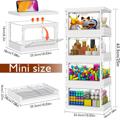 【Latest Model】 4 Pack Mini Stackable Storage Boxes with Lid Multifunctional & Foldable Storage Box for Crafts, Snacks, Stationery and Desk Supplies, Ideal for Desk Organiser Clear Organizer Boxes