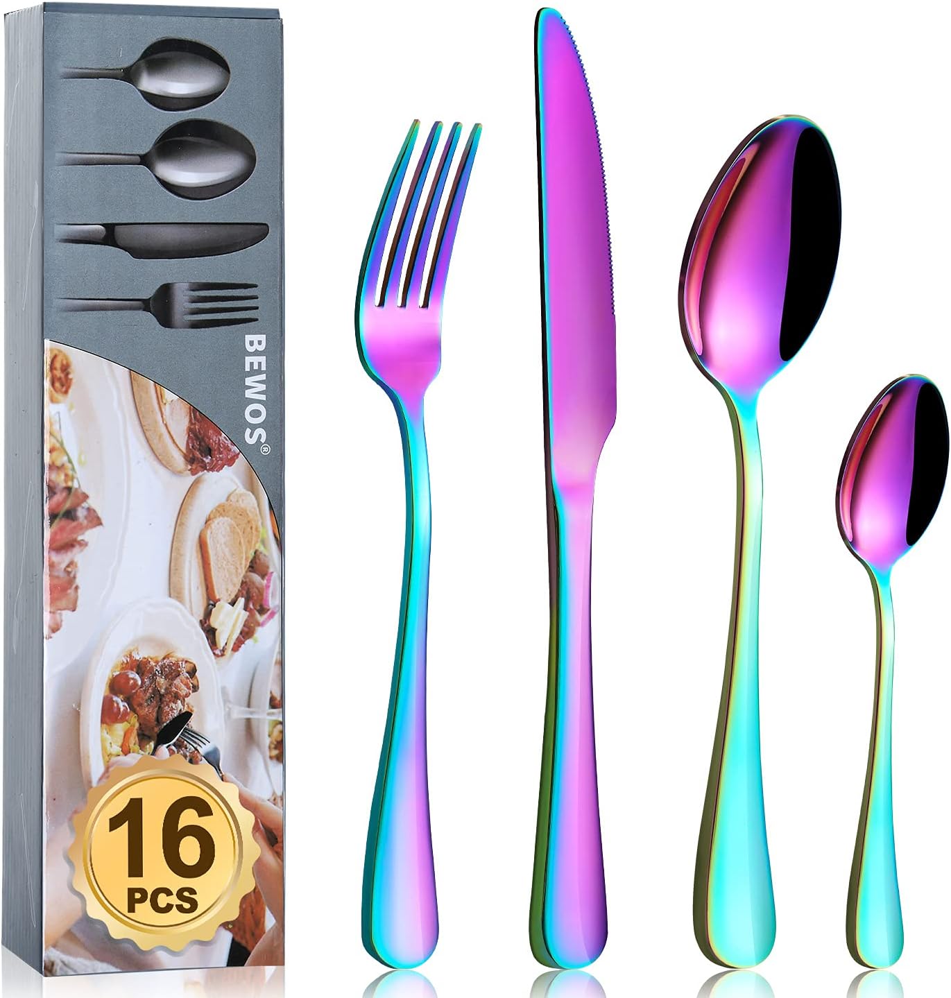 Cutlery Set, BEWOS 16-Piece Stainless Steel Flatware Set, Tableware Silverware Set with Rainbow Spoon Knife and Fork Set, Service for 4, Dishwasher Safe/Easy Clean, Mirror Polished