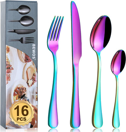 Cutlery Set, BEWOS 16-Piece Stainless Steel Flatware Set, Tableware Silverware Set with Rainbow Spoon Knife and Fork Set, Service for 4, Dishwasher Safe/Easy Clean, Mirror Polished