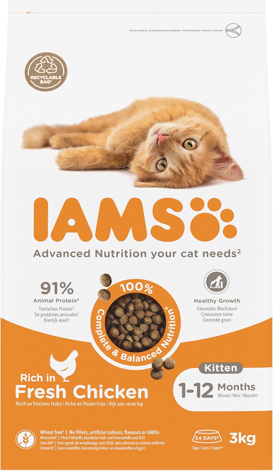 IAMS for Vitality Dry Kitten Food with Fresh Chicken, 3 kg, Packaging may vary