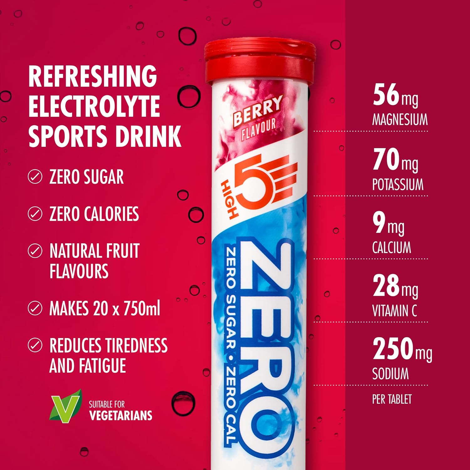 HIGH5 ZERO Electrolyte Tablet - Hydration Tablets Enhanced with Vitamin C - 0 Calories & Sugar Free - Boost Hydration, Performance & Wellness - Berry, 20 Tablets (20x, Pack of 1)