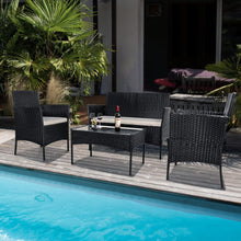 bigzzia Rattan Garden Furniture Set, 4 piece Patio Rattan furniture sofa Weaving Wicker includes 2 Armchairs,1 Double seat Sofa and 1 table (Black)