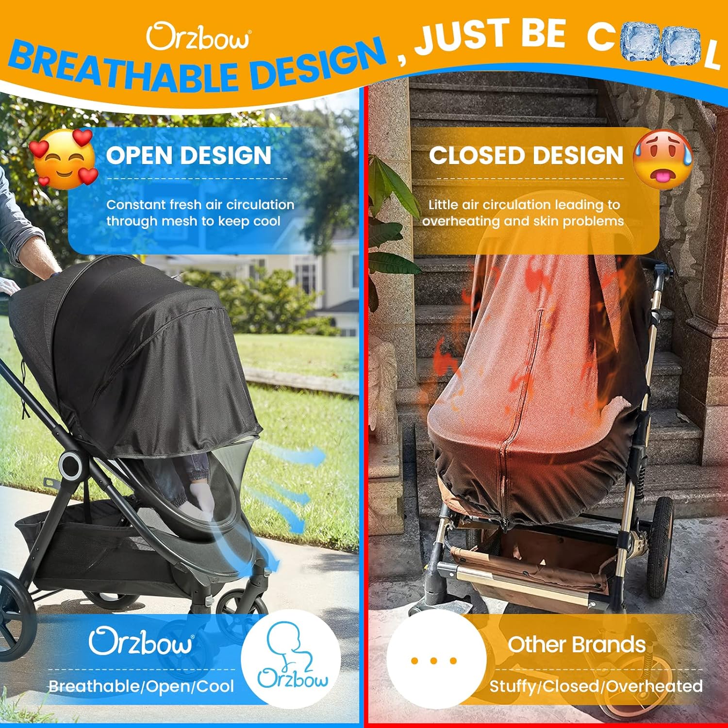 Orzbow Universal Baby Mosquito Net & Buggy Sun Shade with UPF50+,Breathable Pram Net Cover with Two-way Zipper & Adjustable Stroller Sun Cover with Bag for Pushchair,Car Seat & Carrycot (Black)