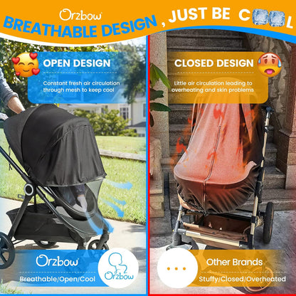 Orzbow Universal Baby Mosquito Net & Buggy Sun Shade with UPF50+,Breathable Pram Net Cover with Two-way Zipper & Adjustable Stroller Sun Cover with Bag for Pushchair,Car Seat & Carrycot (Black)