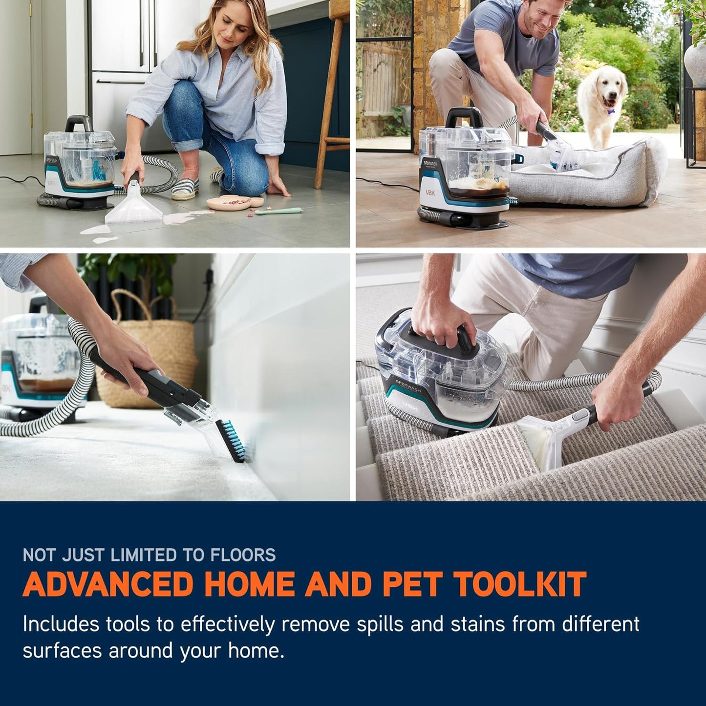 Vax SpotWash Home Pet-Design Spot Cleaner, Upholstery, Sofa, Stairs, Home, Car, Rug, Stain Cleaning Small Handheld Shampooer Machine, Solution, SpinScrub and Tools, 4.5kg, White / Blue, CDSW-MPXA