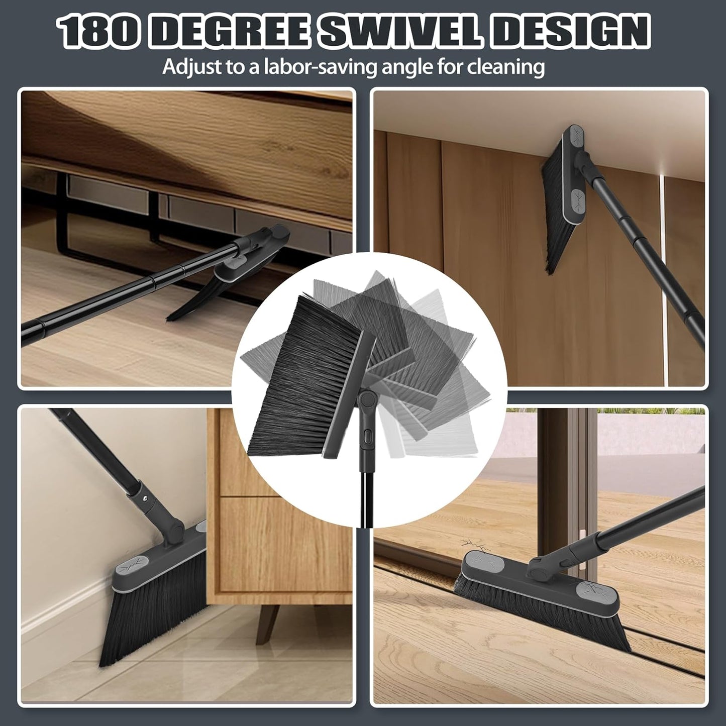 JEHONN Long Handled Dustpan and Brush Set, 138 cm Tall Swivel Broom, Upright Foldable Dust Pan with Comb Teeth for Home Kitchen Lobby Indoor Floor Cleaning (Black & Gray)