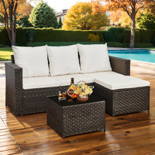 AOUXIN 3-Piece Rattan Garden Furniture Set, Outdoor Sectional Sofa with Coffee Table, Black Wicker, White Cushions