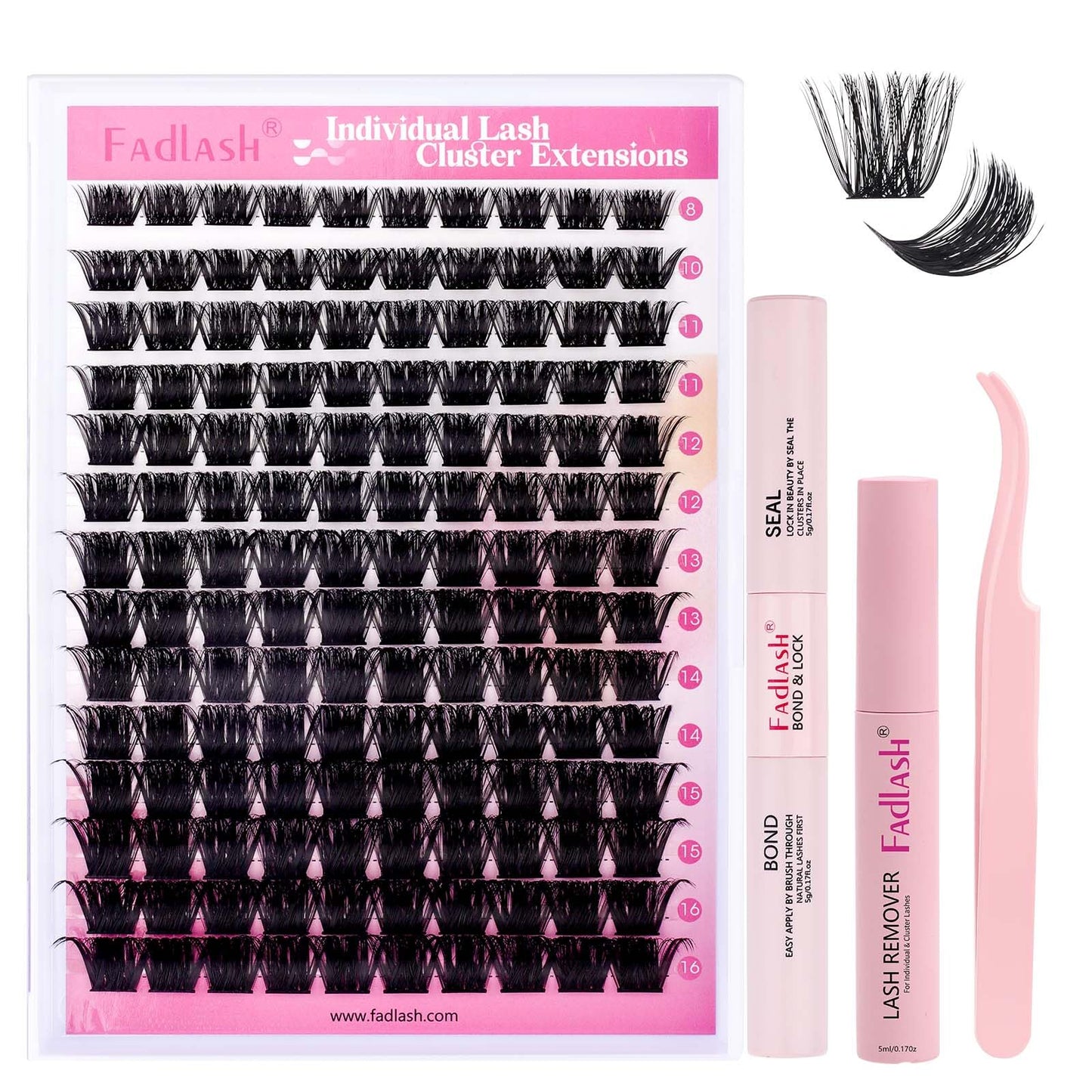 FADLASH DIY Lash Extension Kit Individual Lashes Clusters30P+40P D Curl 8-16mm Lash Bond and Seal, Clusters Lash Glue Remover and Eyelash Tweezers for Eyelash Extensions