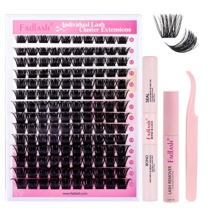 FADLASH DIY Lash Extension Kit Individual Lashes Clusters30P+40P D Curl 8-16mm Lash Bond and Seal, Clusters Lash Glue Remover and Eyelash Tweezers for Eyelash Extensions