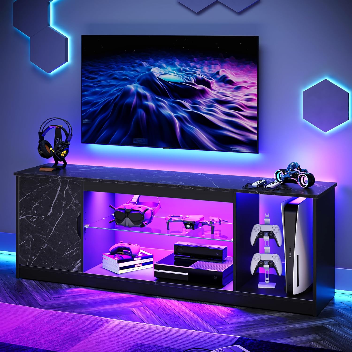 Bestier 145 CM LED TV Stand for 55/60 / 65 Inch TVs Gaming Entertainment Center with Cabinet for PS5 Modern TV Cabinet with Adjustable Glass Shelves for Living Room Bedroom